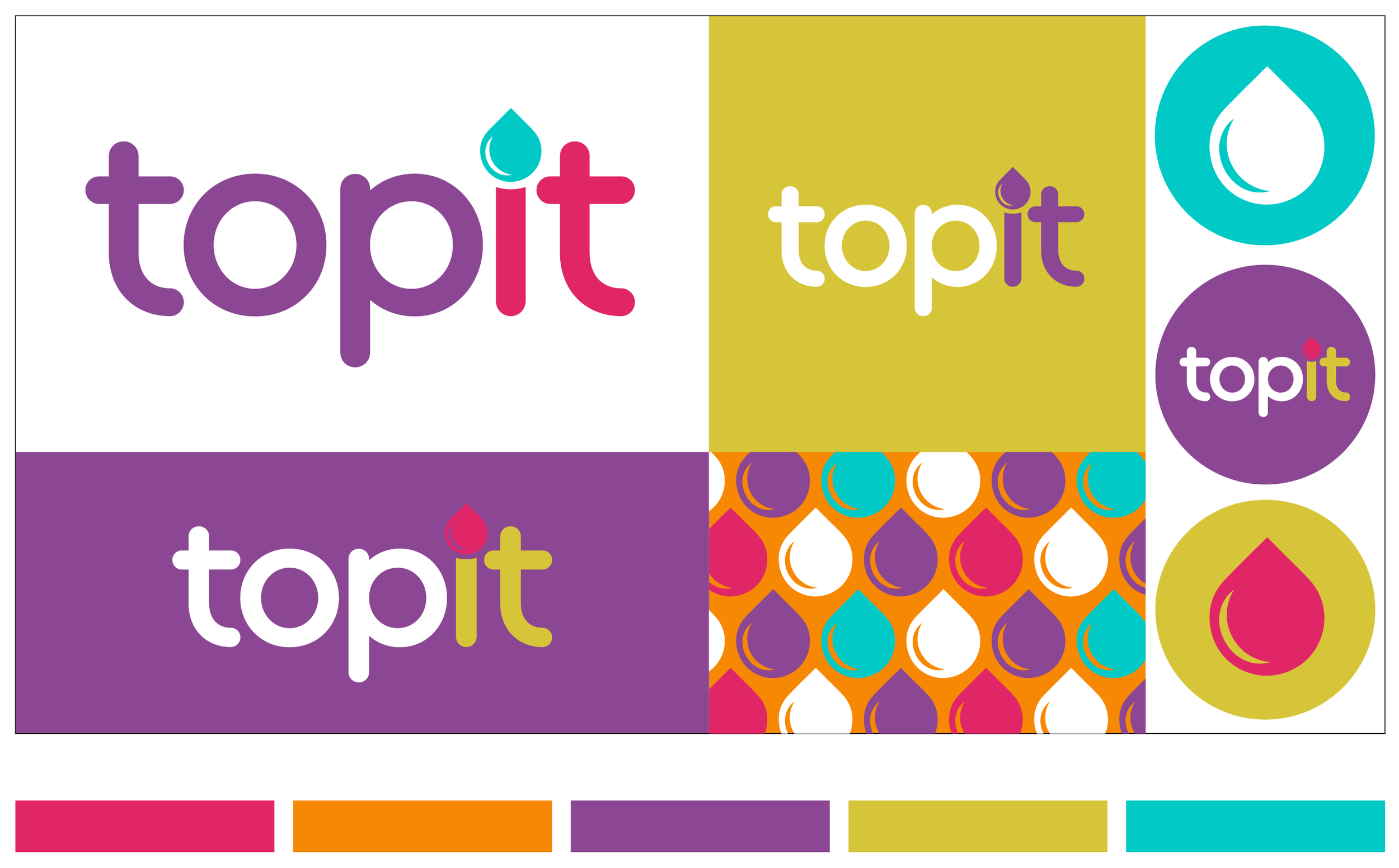 Colorful collage of logos and patterns with the words "top it" in various colors and styles.