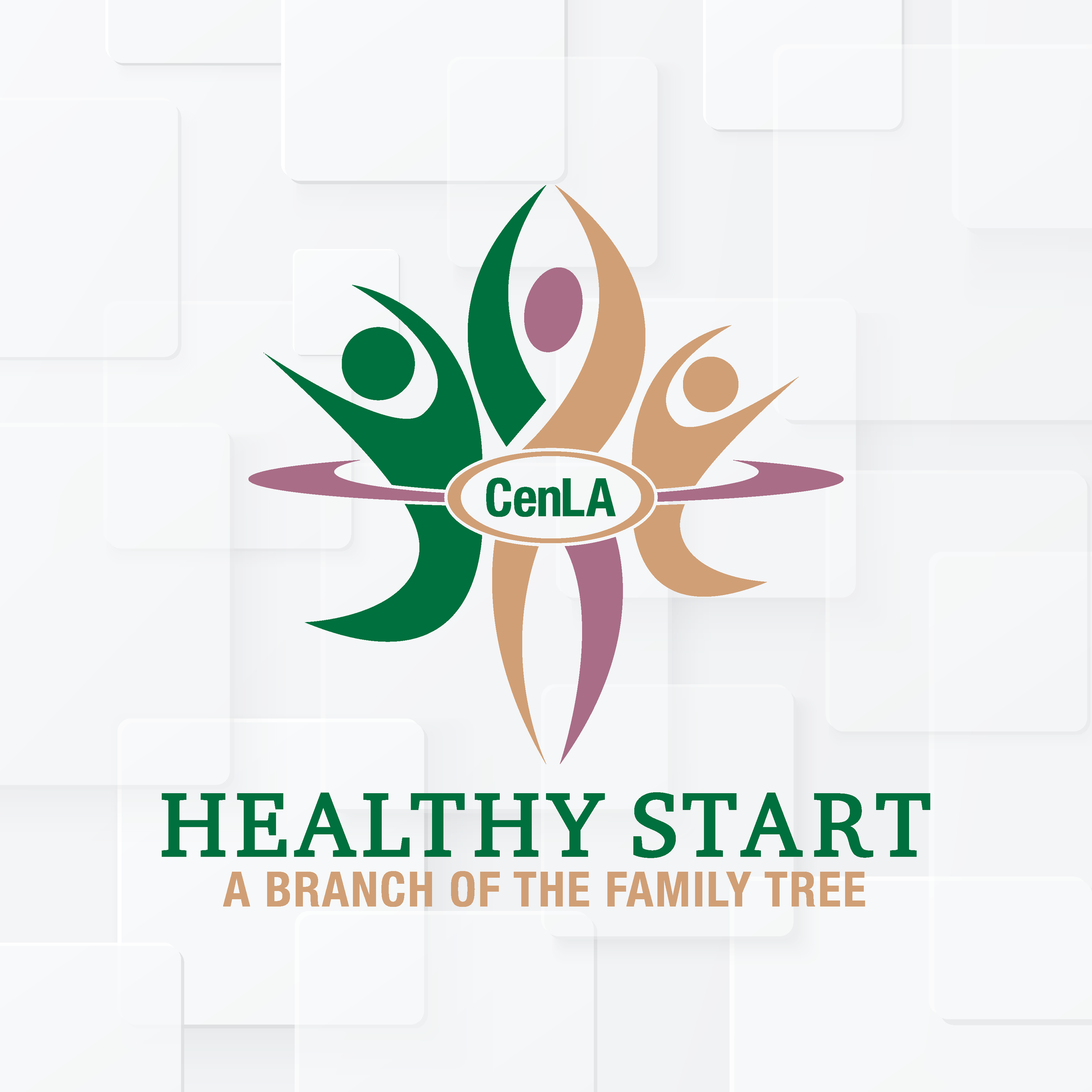 Logo for the ConLA Healthy Start program featuring abstract human figures and a tree, with text emphasizing health and family.