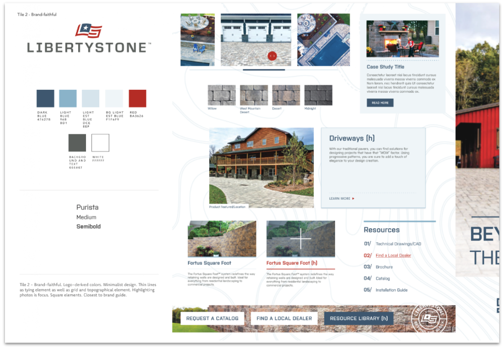 Branding and product brochure for LibertyStone featuring exterior paving and retaining wall options, color palettes, design features, case study, and resource links for construction materials.