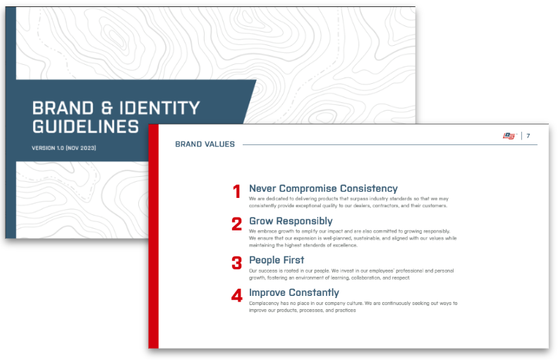 A presentation slide titled 'Brand & Identity Guidelines' with a subtitle indicating version 1.0 from November 2023. Overlaid is a page highlighting 'Brand Values' with a list of four principles: Never Compromise Consistency, Grow Responsibly, People First, and Improve Constantly.