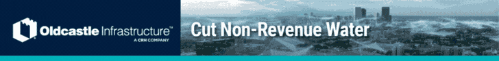 Banner with Oldcastle Infrastructure logo and the slogan 'Cut Non-Revenue Water' against a cityscape background.