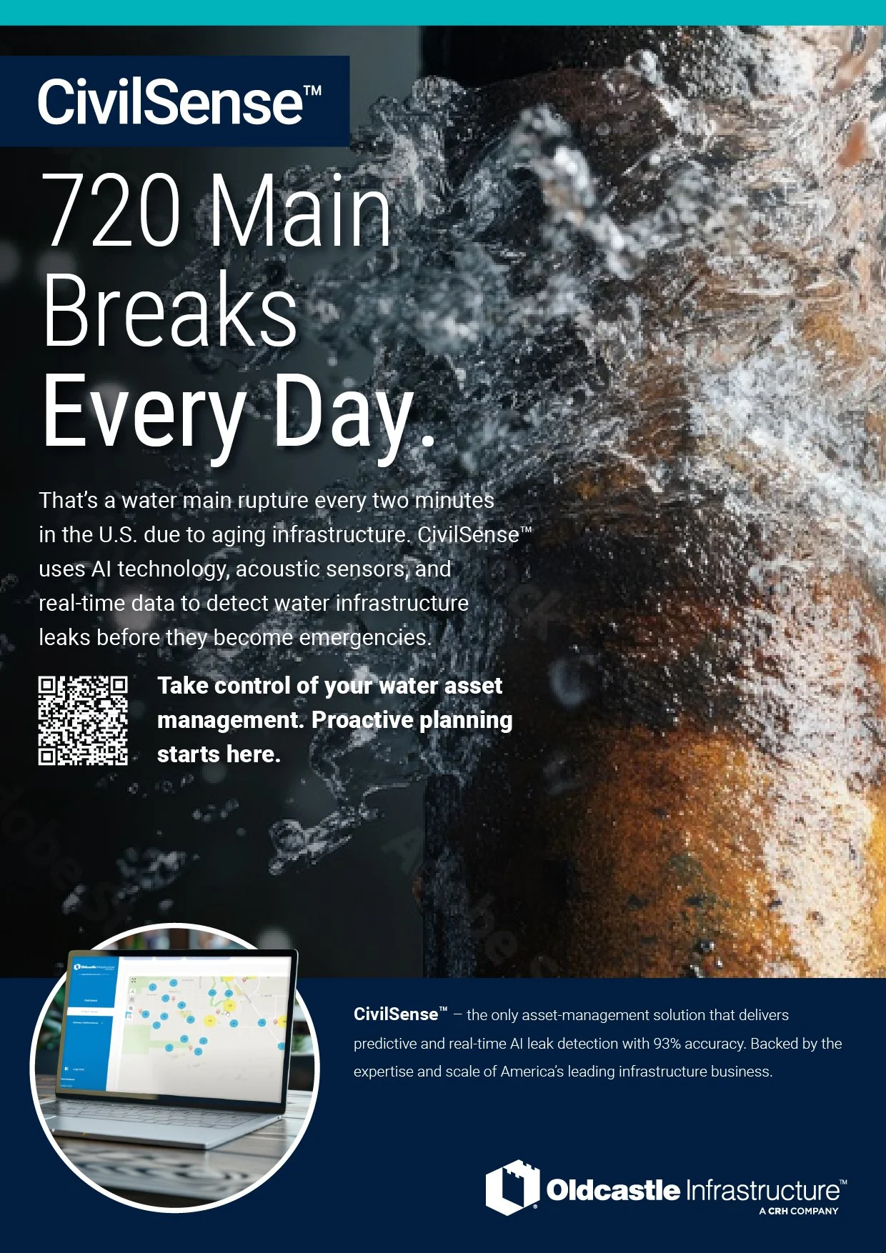 An advertisement for CivilSense, a water infrastructure monitoring solution, shows water splashing on rocks and a laptop displaying a map with water infrastructure data. CivilSense, leak detection, B2B, B2G marketing