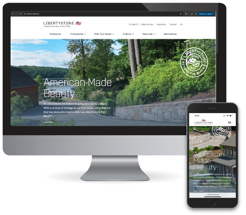 Screenshot of the LibertyStone website displayed on a desktop and smartphone. The website features a scenic outdoor landscape with trees and a stone wall, and includes text that reads 'American Made Beauty' and mentions heritage, innovation, and natural stone products.