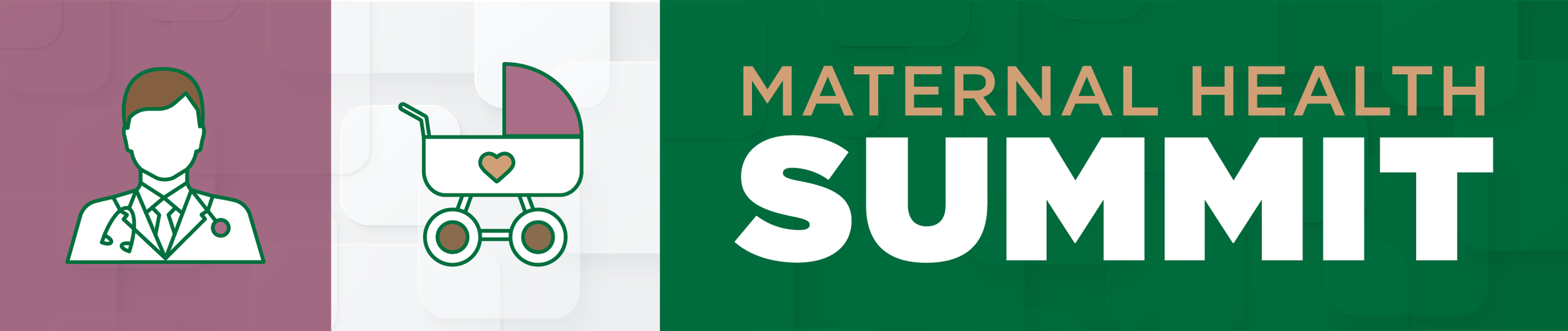 Illustration of a healthcare professional, a baby stroller with a heart, and the text "Maternal Health Summit".
