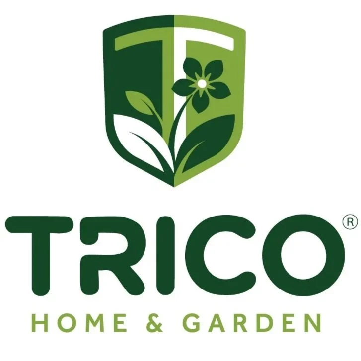 Logo of Trico Home & Garden featuring a shield with a flower and leaves, in green tones, branding, logo development