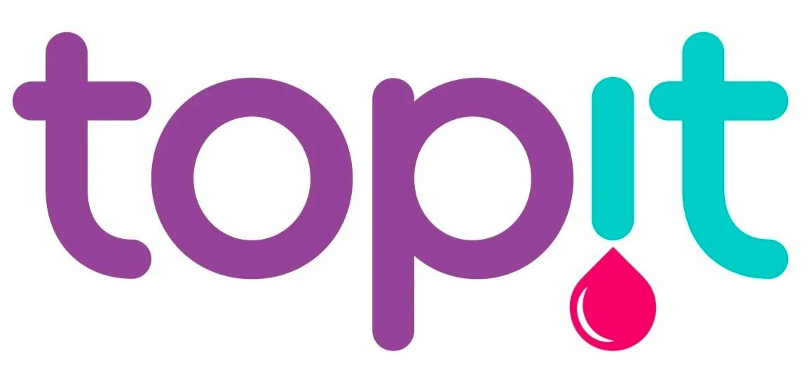 Colorful logo with the word "topit" in purple and teal letters, featuring a pink droplet beneath the letter "i."