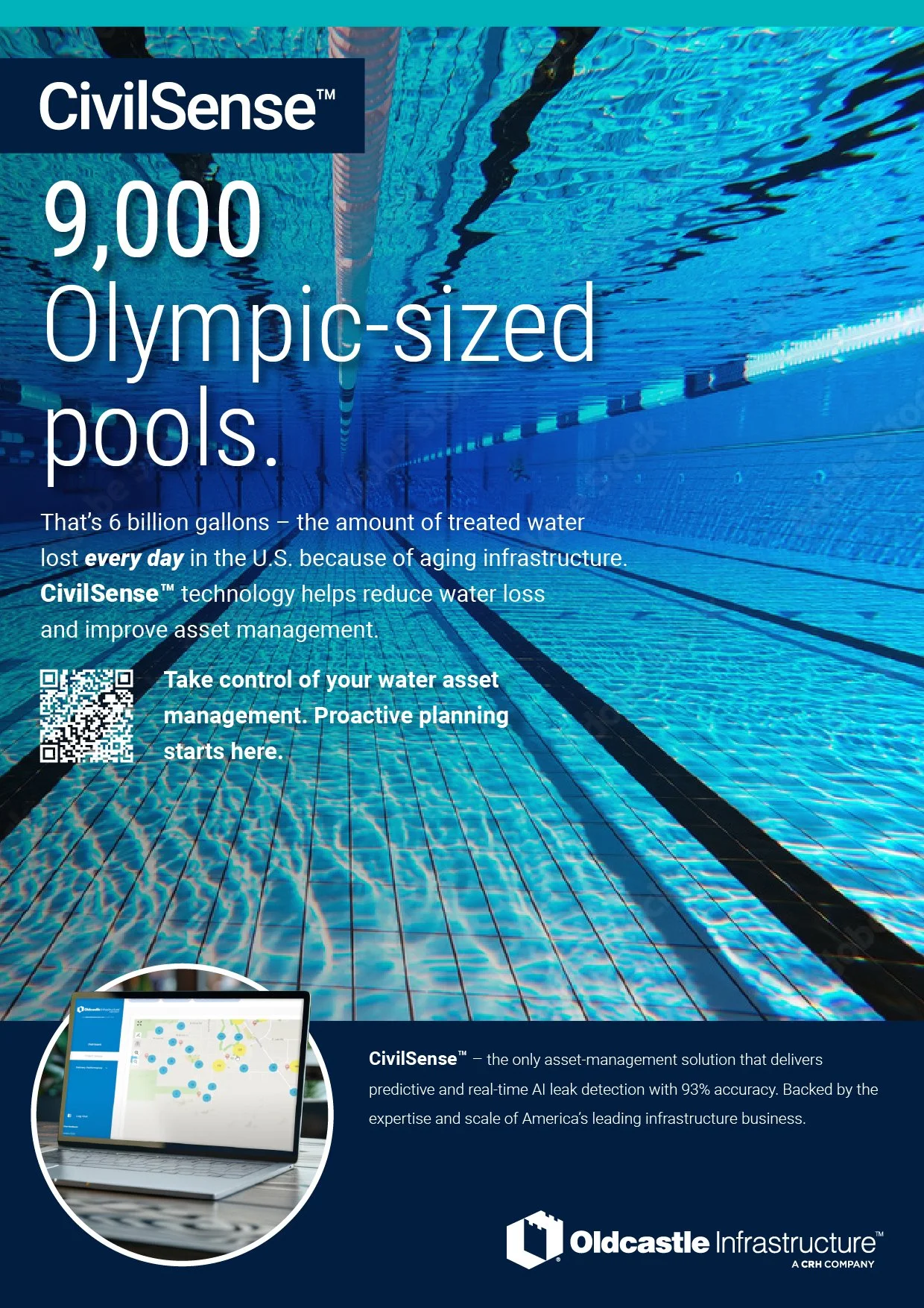 A swimming pool with water and lane markings, overlaid with promotional text about water management technology and asset management solutions, including a QR code and a laptop displaying a map interface. CivilSense, leak detection, B2B, B2G marketing