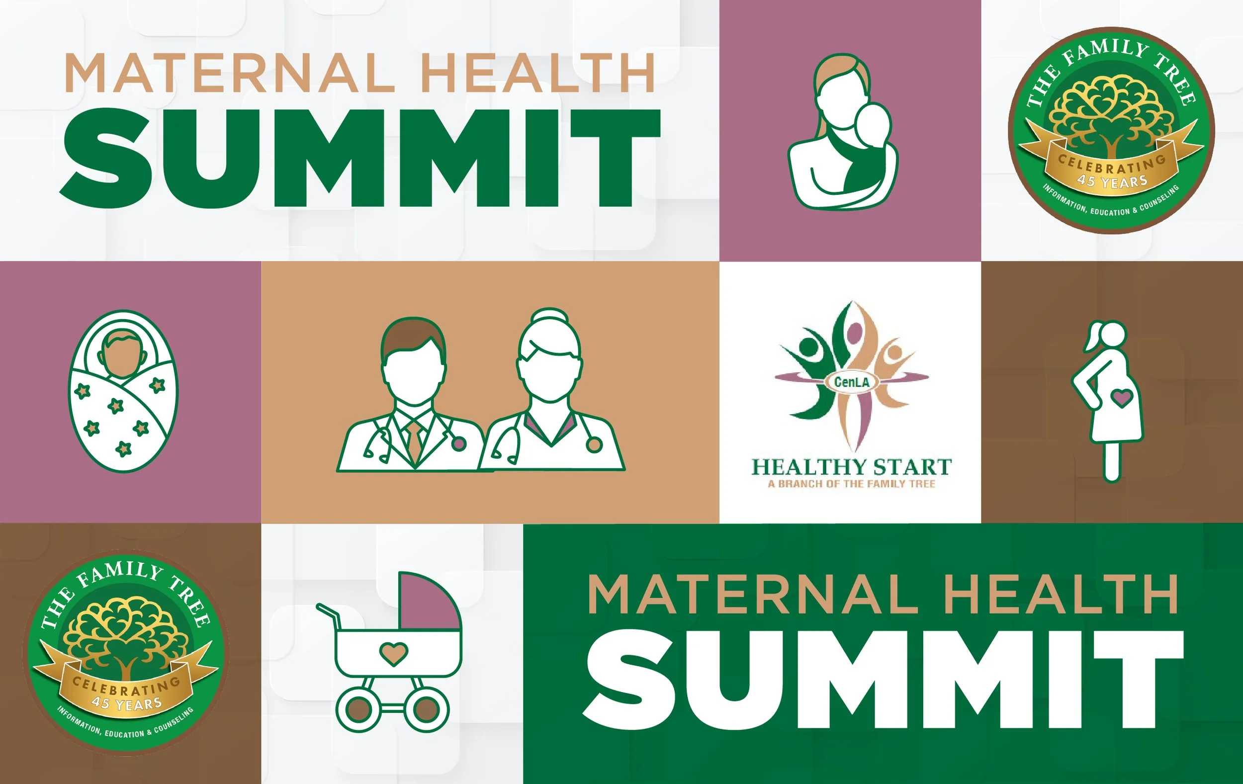 A promotional graphic for a maternal health summit features text and icons. The main text reads 'Maternal Health Summit' in large letters. The graphic includes icons of a mother holding a baby, a baby in a crib, two healthcare professionals with stethoscopes, and logos of The Family Tree and Healthy Start organizations. The background is composed of various pastel-colored squares.