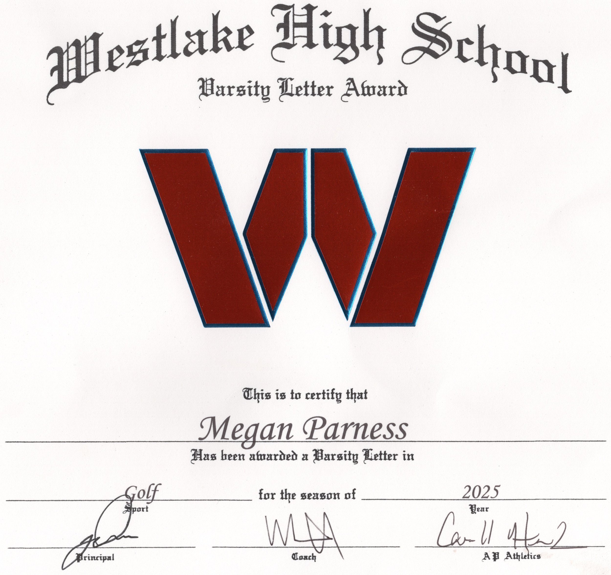 Megan Parness Varsity Letter Award 2025