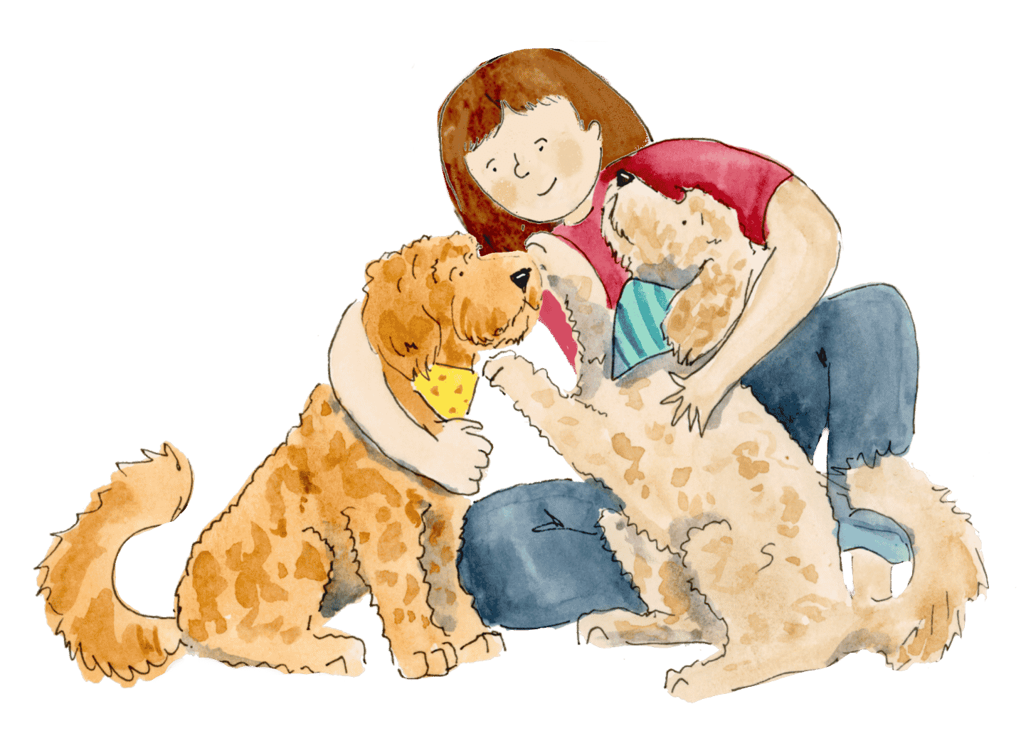 A girl with brown hair, wearing a red shirt and blue jeans, sitting on the ground, playing with three dogs, all with golden fur, and wearing colorful bandanas, in a playful and affectionate moment.