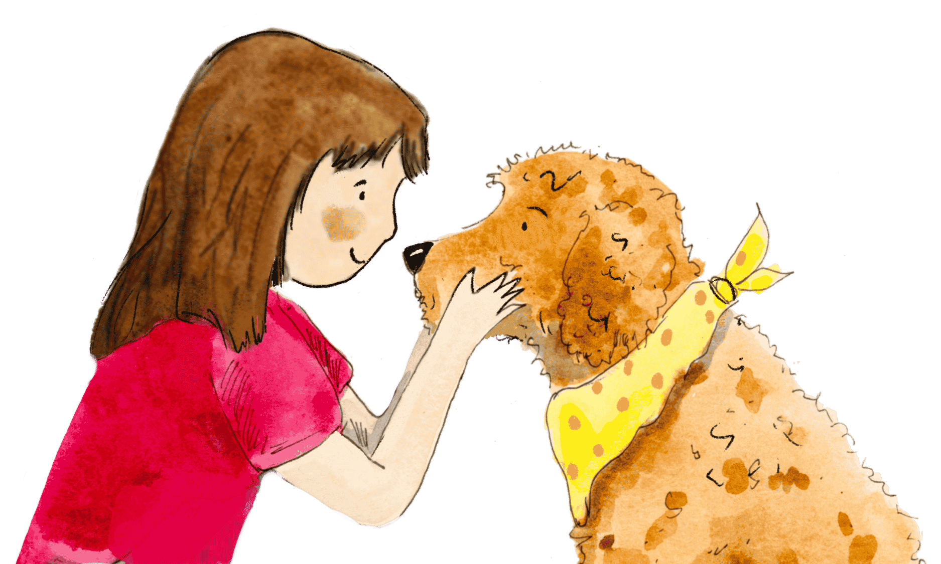 A watercolor illustration of a girl with brown hair touching noses with a large, fluffy dog wearing a yellow bandana with orange spots.