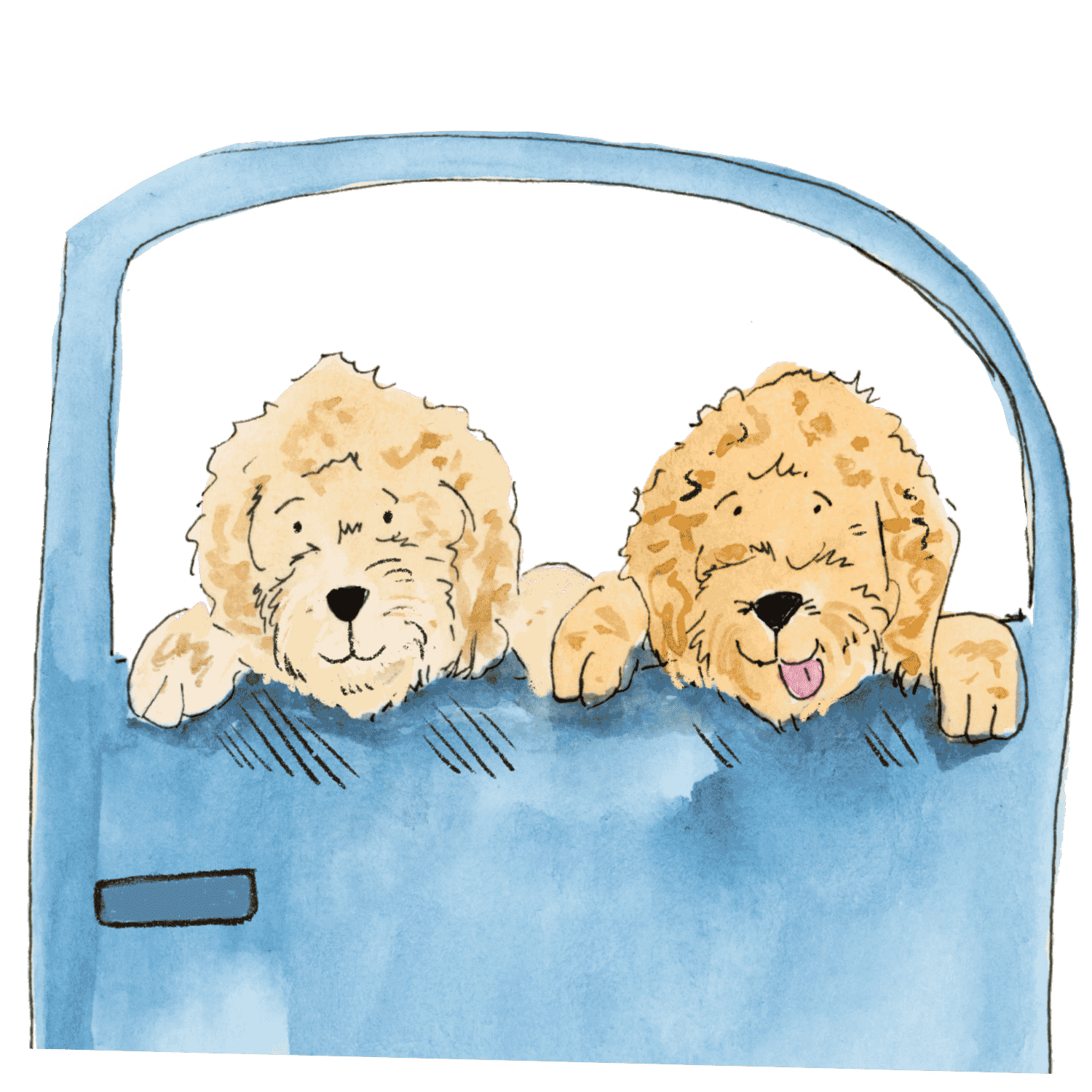 Two cartoon puppies resting in a blue pet carrier, with one puppy smiling and the other puppy looking relaxed.