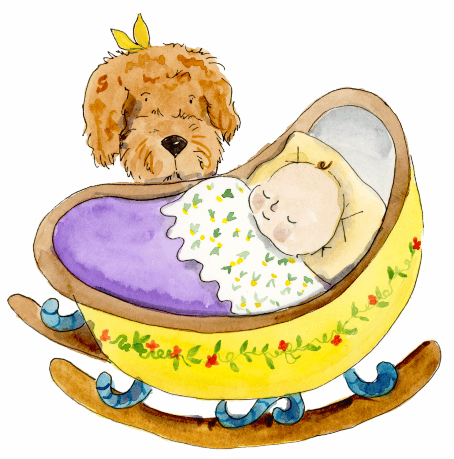 Illustration of a puppy and a newborn baby sleeping together in a bed shaped like a crescent moon, decorated with flowers and greenery, against a purple background.
