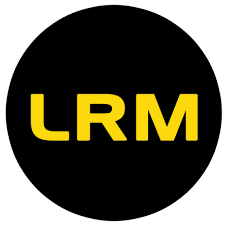 Black circular logo with yellow letters LRM in the center.