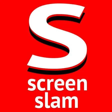 Red background with large white letter 'S' and the words 'screen slam' underneath.