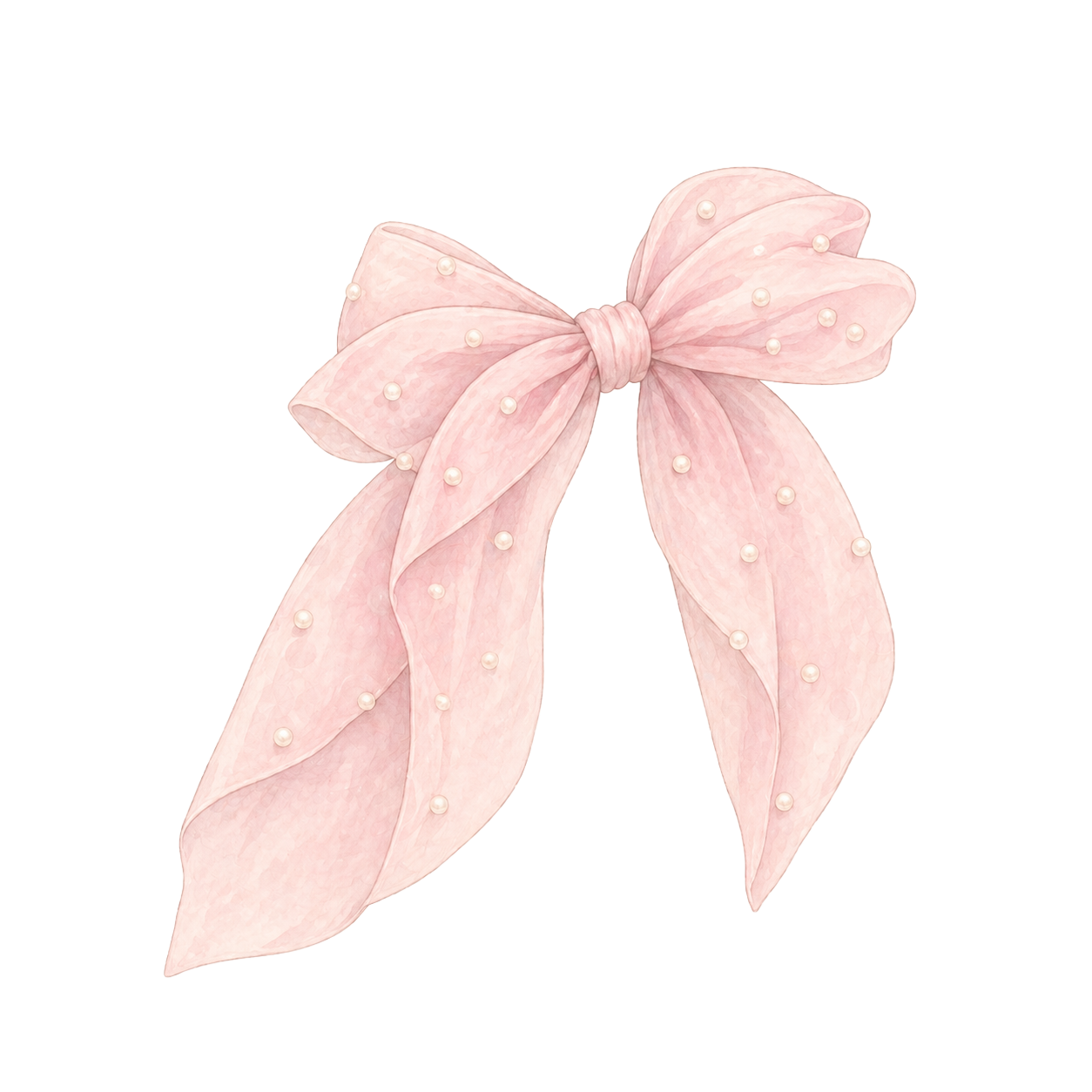 A digital illustration of a pink bow with pearl embellishments on a light background.