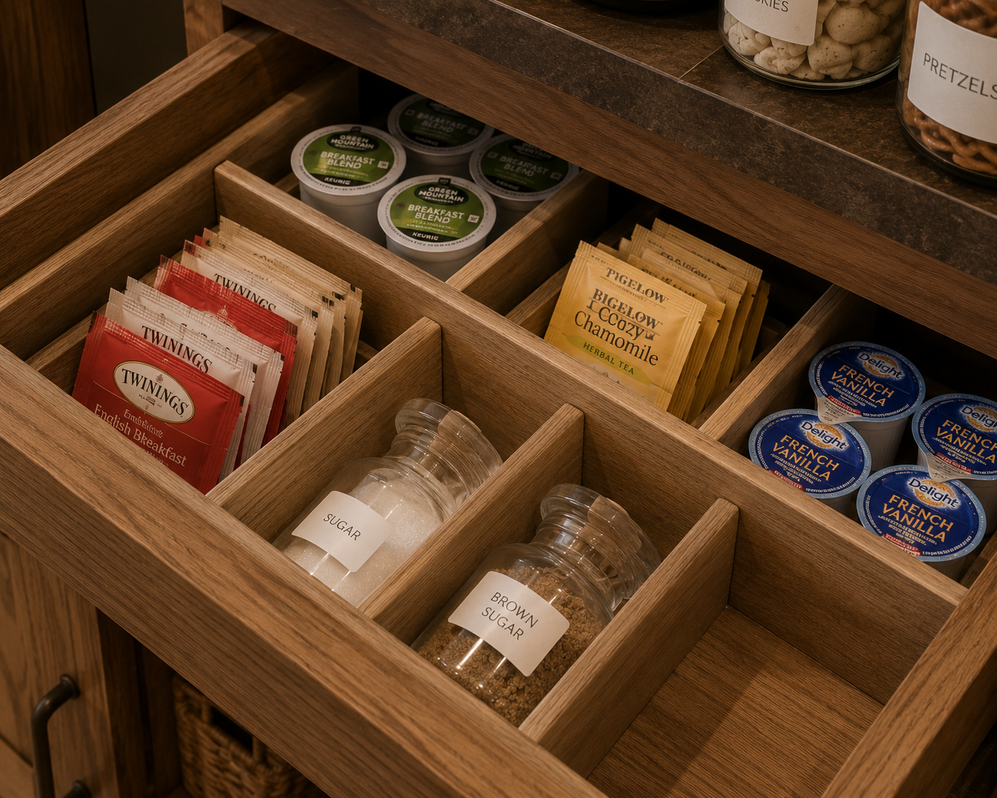Organized drawer with tea bags, sugar, and breakfast condiments.