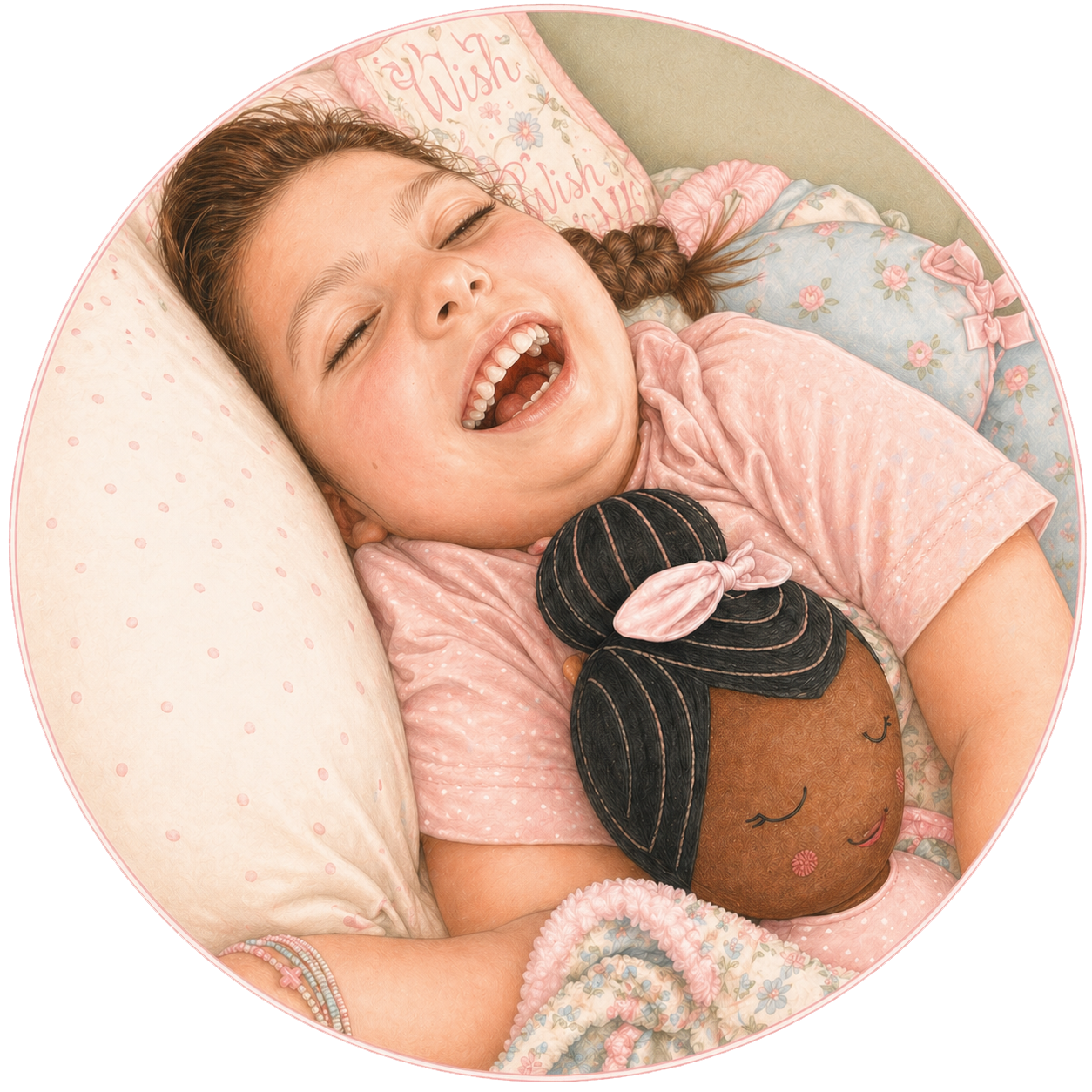 A young girl with red hair lying on a bed, smiling and laughing, holding a plush doll with dark hair and closed eyes.