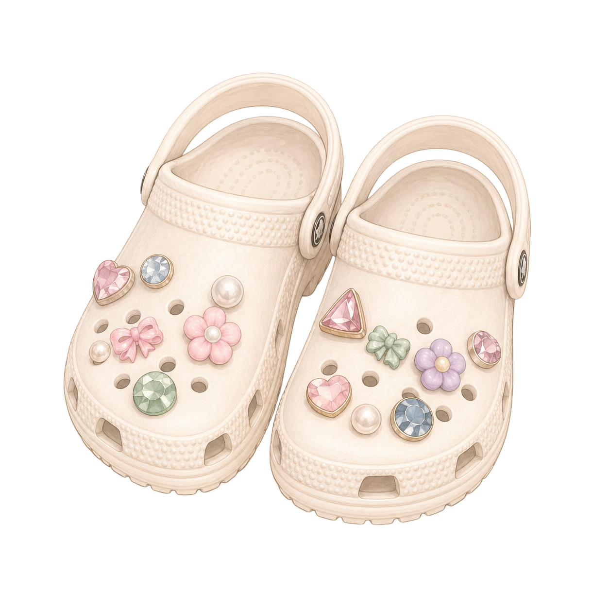 White Crocs shoes decorated with colorful, shiny rhinestones and charms shaped like hearts, flowers, and bows.