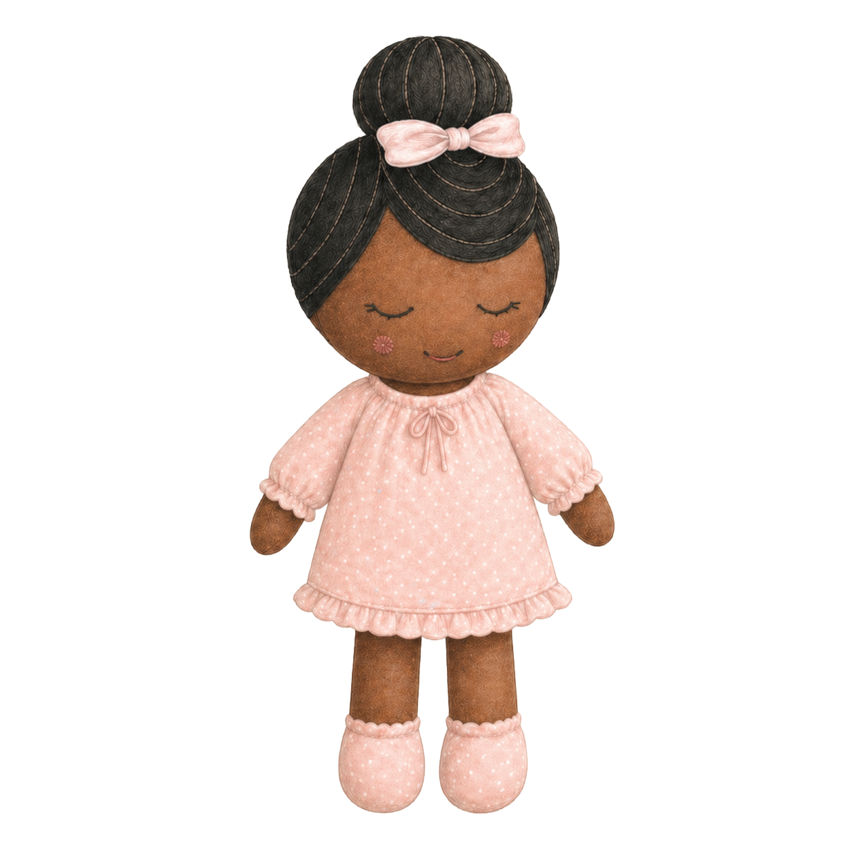 A soft doll with dark skin, black hair styled in a bun with a pink bow, wearing pink polka-dot dress, matching socks, and slippers, with eyes closed and a gentle smile.