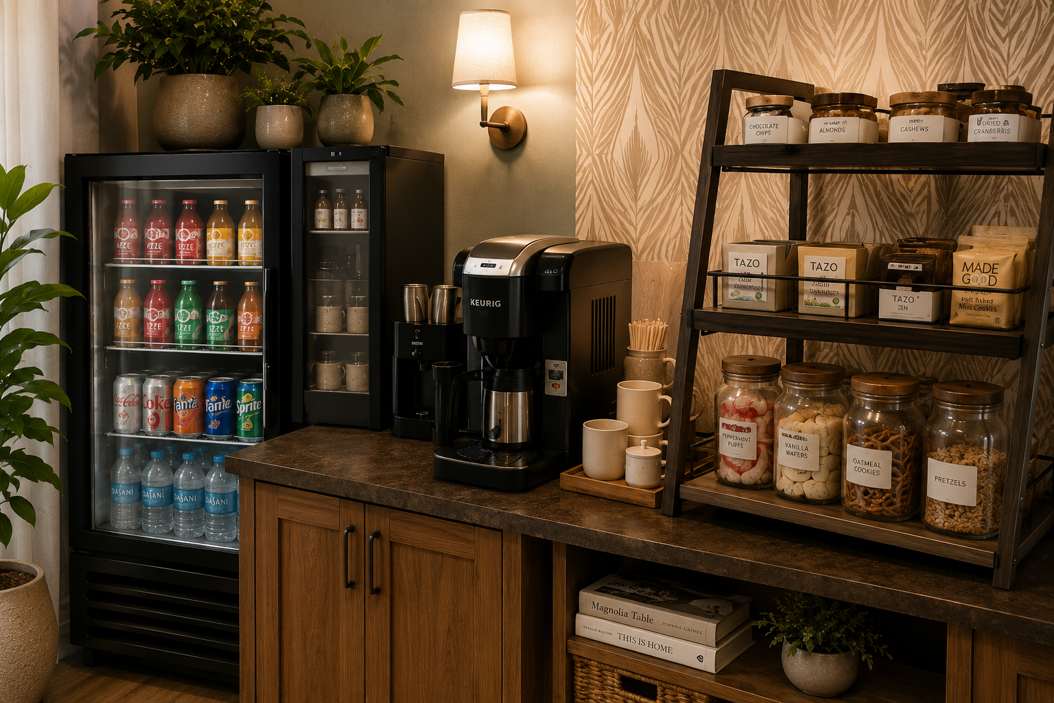 A coffee and snack station with a beverage cooler, coffee machines, jars of snacks, and a wooden shelf with tea boxes and jars of cookies, inside a cozy room with plants and warm lighting.