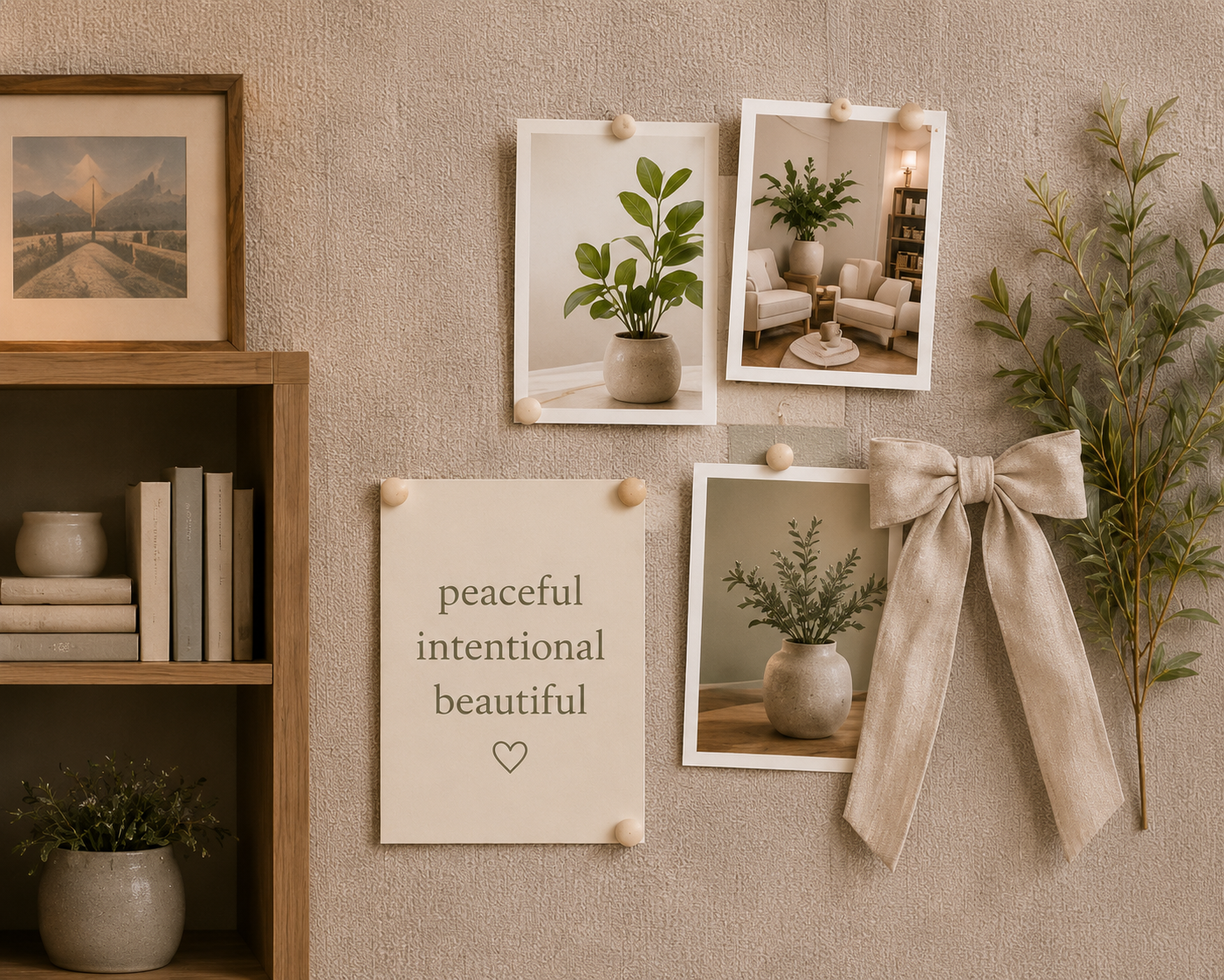 Decorative wall with framed photographs of potted plants and cozy living room. A white sign with the words 'peaceful, intentional, beautiful' and a heart. Beige bow and greenery decor.