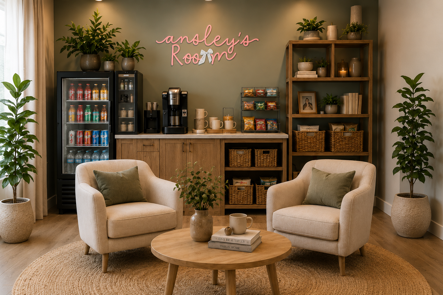 A cozy coffee lounge with two beige armchairs, a round wooden coffee table, potted plants, and a tea and coffee station. The station has a countertop with a coffee maker, cups, snacks, a refrigerator with soda bottles, and shelves with decorative items. A pink neon sign reads 'Anley's Room' on the green wall.