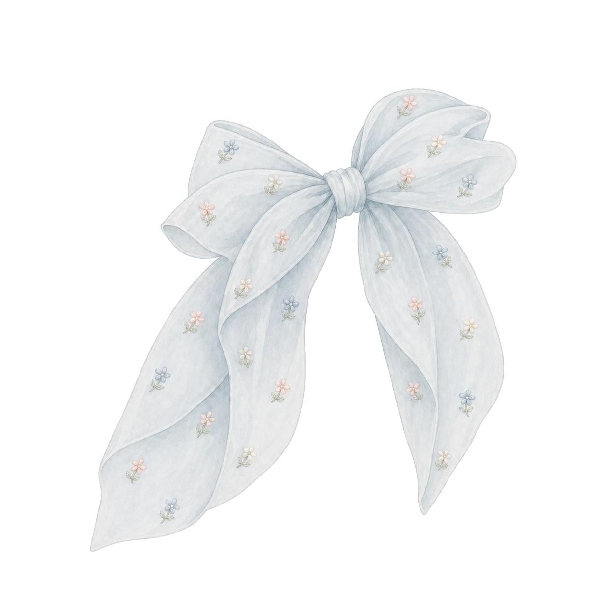 A light-colored, semi-transparent bow with small pastel-colored floral embroidery on the fabric.