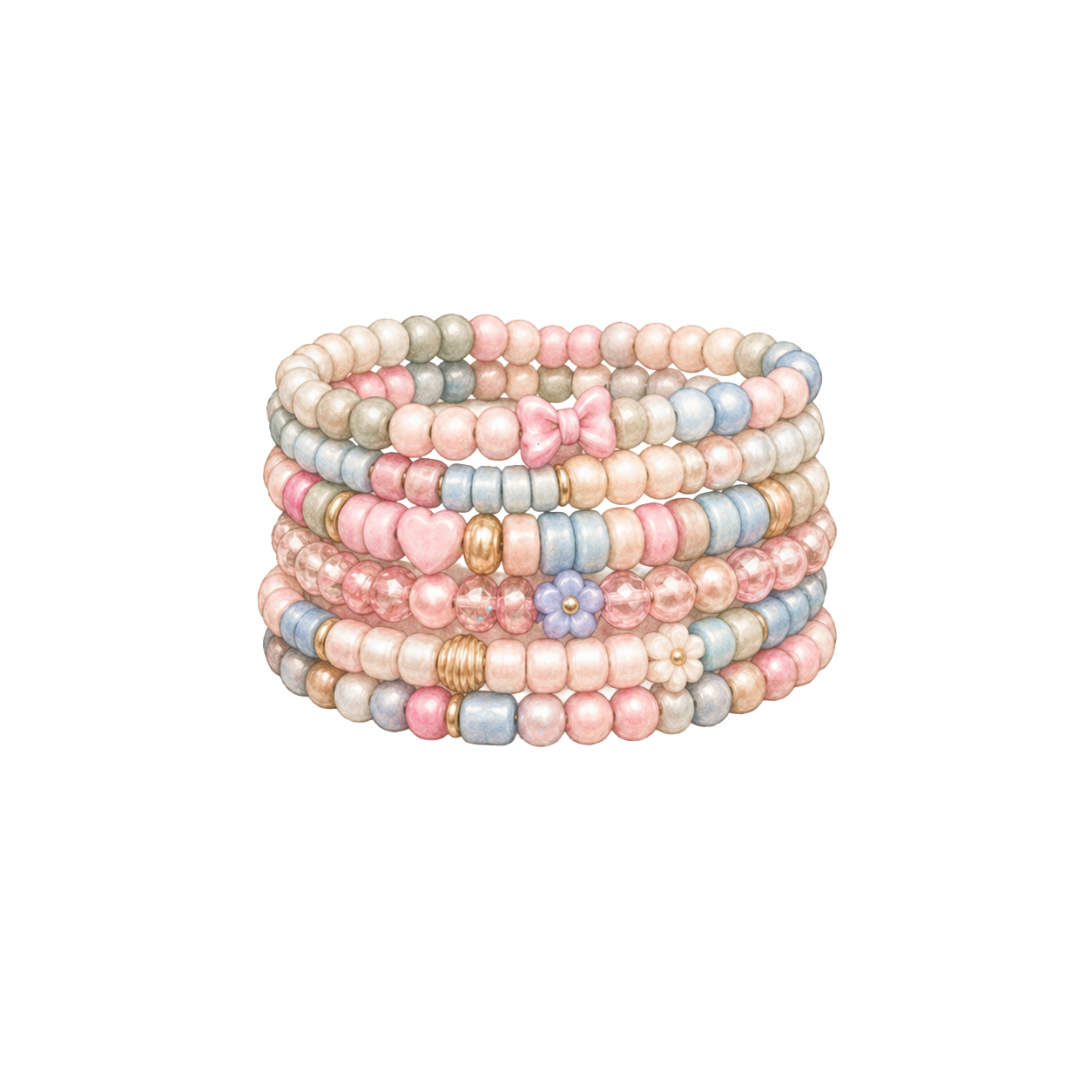 Stacked pastel-colored beaded bracelets with various charms and decorative beads, some with floral or bow designs.