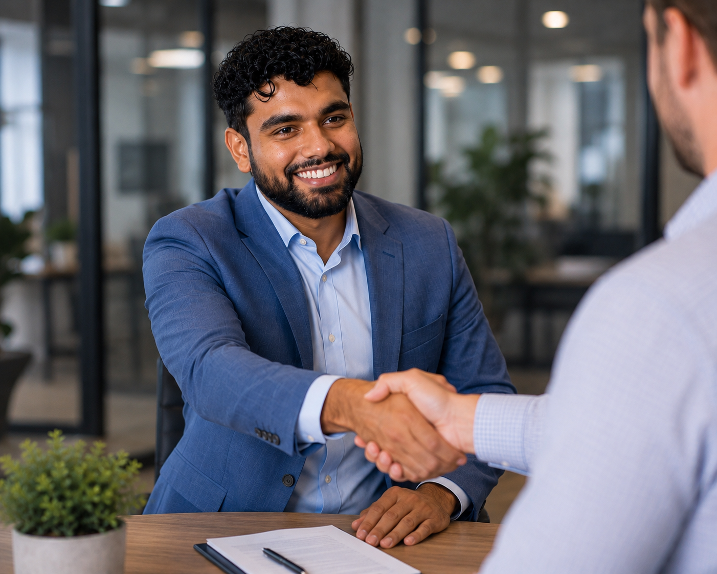 Two men shaking hands in a business setting, one smiling and wearing a blue suit, the other partially visible with a light-colored shirt, seated at a table with notepad and pen, in an office environment