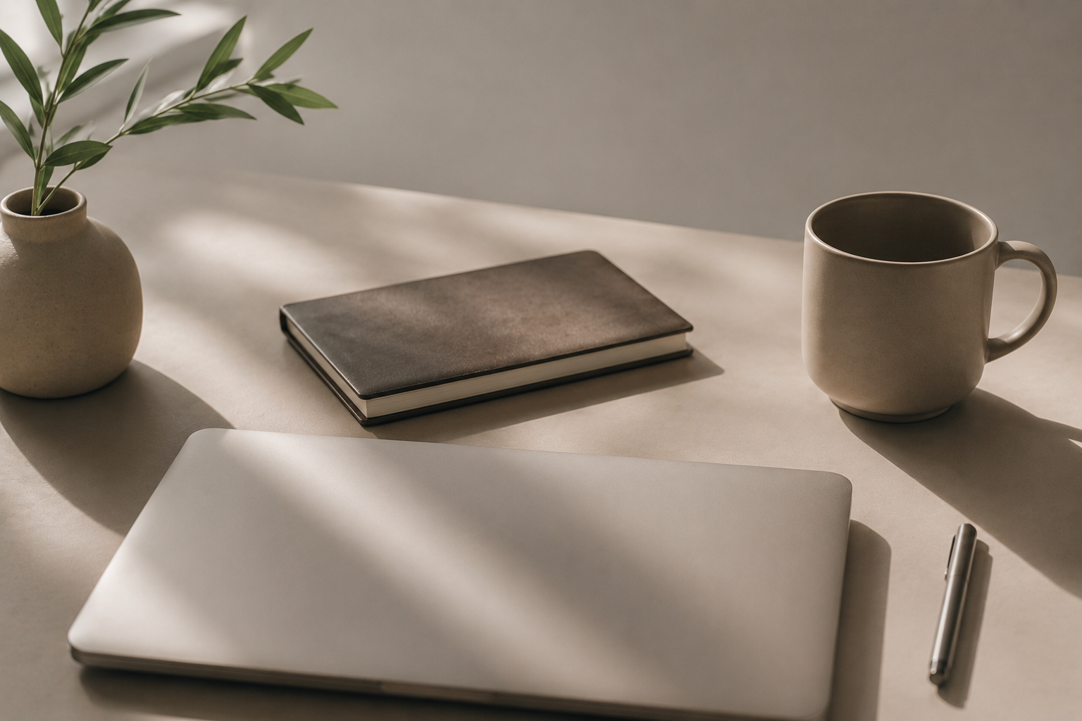 Minimalist workspace with a potted plant, closed notebook, closed laptop, mug, pen, and shadowed background.