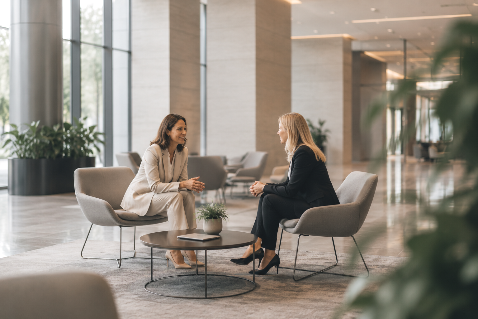 Two women sitting and talking in a modern office lobby, with large windows, potted plants, and contemporary furniture.