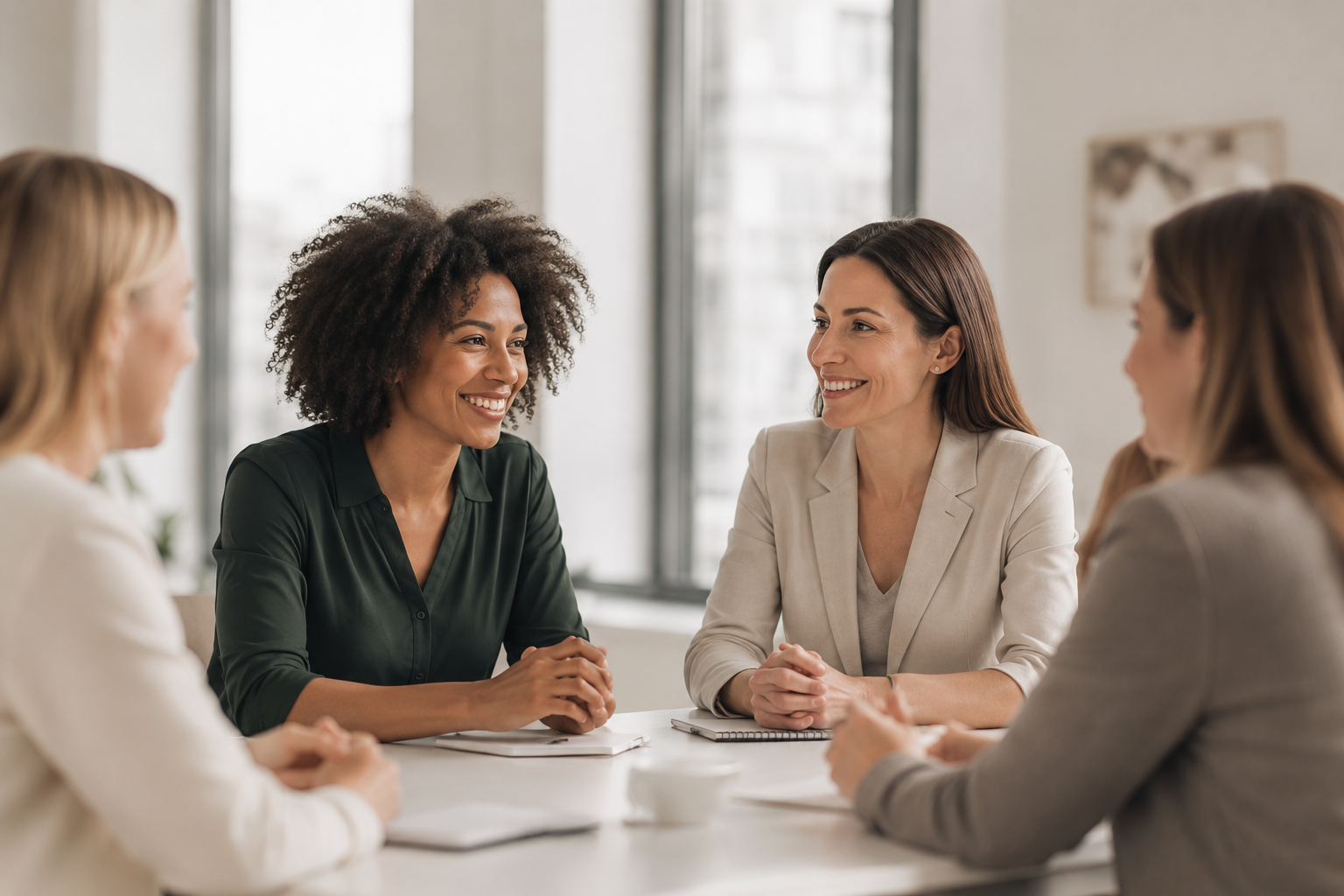 Four women in business attire sitting around a table, smiling and having a conversation in a well-lit office space.