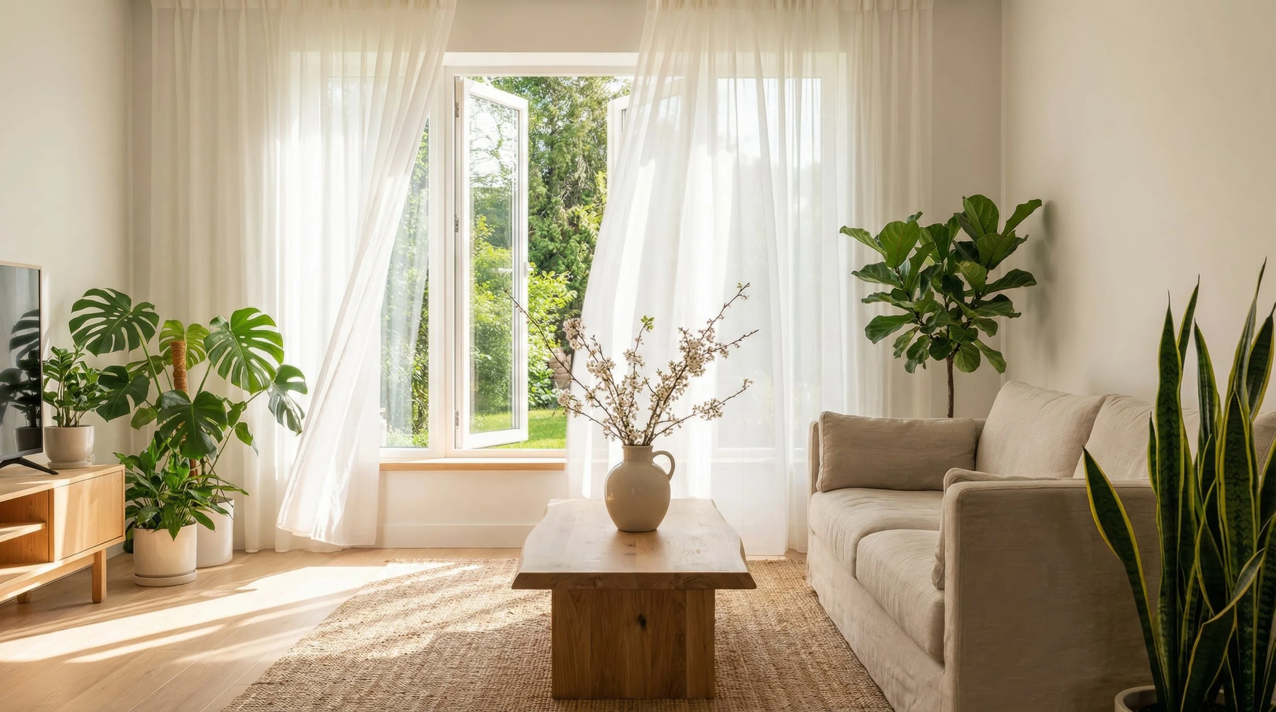Bright living room with large open window, white curtains, green indoor plants, beige couch, wooden coffee table with a white vase holding branches, and TV on a wooden stand.