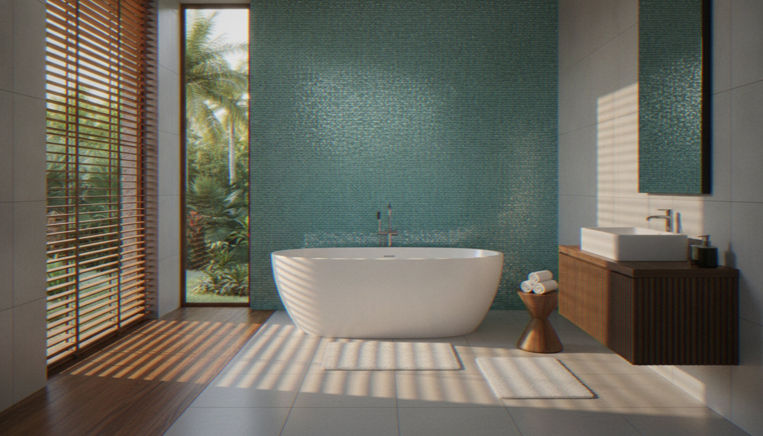 Modern bathroom with a freestanding bathtub, wooden vanity with a rectangular sink, large window with wooden blinds, green textured wall, and tropical plants visible outside.