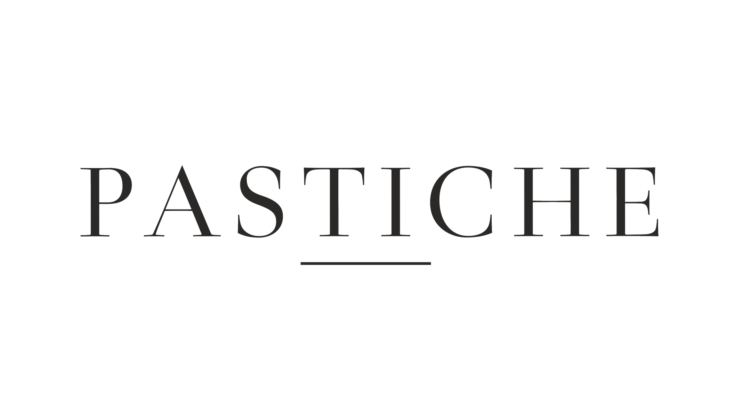 PASTICHE LOGO - written in large, elegant ivory font, with a black background with the word