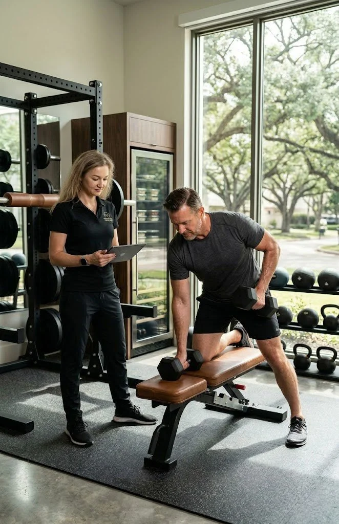 A man performs a one-arm dumbbell row on a workout bench while a woman personal coach holds a tablet, inside a private gym with large windows and exercise equipment.