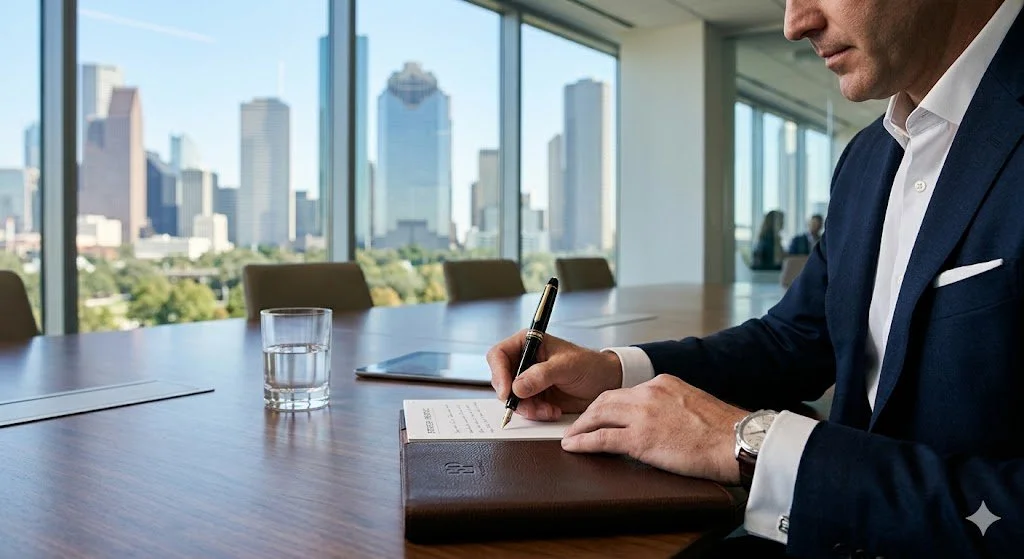 Businessman writing in a notebook at a conference table with a Houston skyline view through large windows. He is writing down his health updates from his health coach & personal trainer