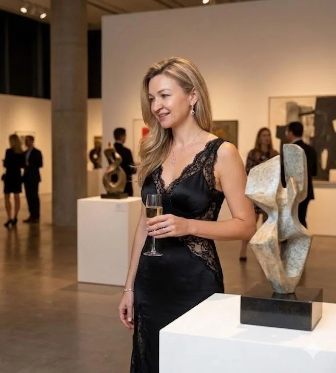 Woman in a black lace dress holding a glass of champagne at an art gallery, with abstract sculptures and other people in the background. This is a photo from a high end dating profile in Houston.