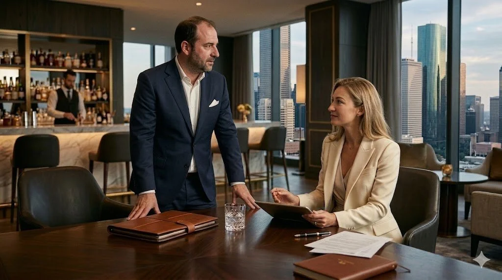 A business meeting between a man in a dark blue suit and a woman in a cream-colored suit in a city skyscraper conference room with large windows showing a city skyline. They are discussing the man's health transformation.