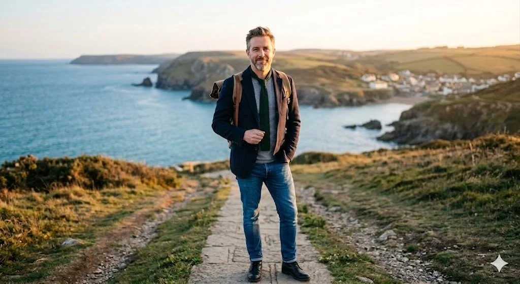 A wealthy man with gray hair and beard wearing a dark jacket is standing on a dirt path along a coastal landscape with water, cliffs, and houses in the distance during sunset or sunrise. He is on vacation but is still following his healthy lifestyle.