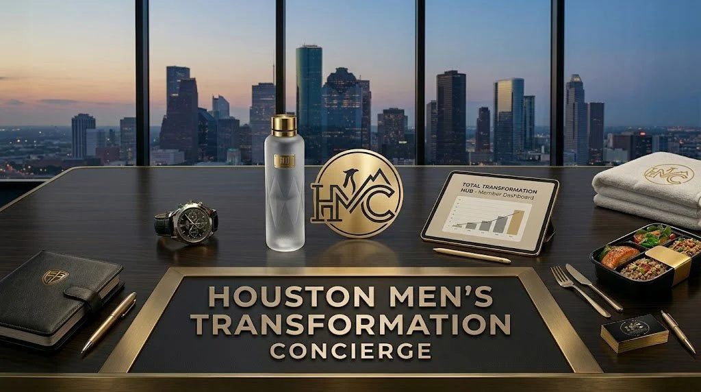 An office desk with business items and a Houston cityscape view. Items include a black leather wallet, a tablet displaying a growth health chart, and a gold and black sign with the text "Houston Men's Transformation Concierge."