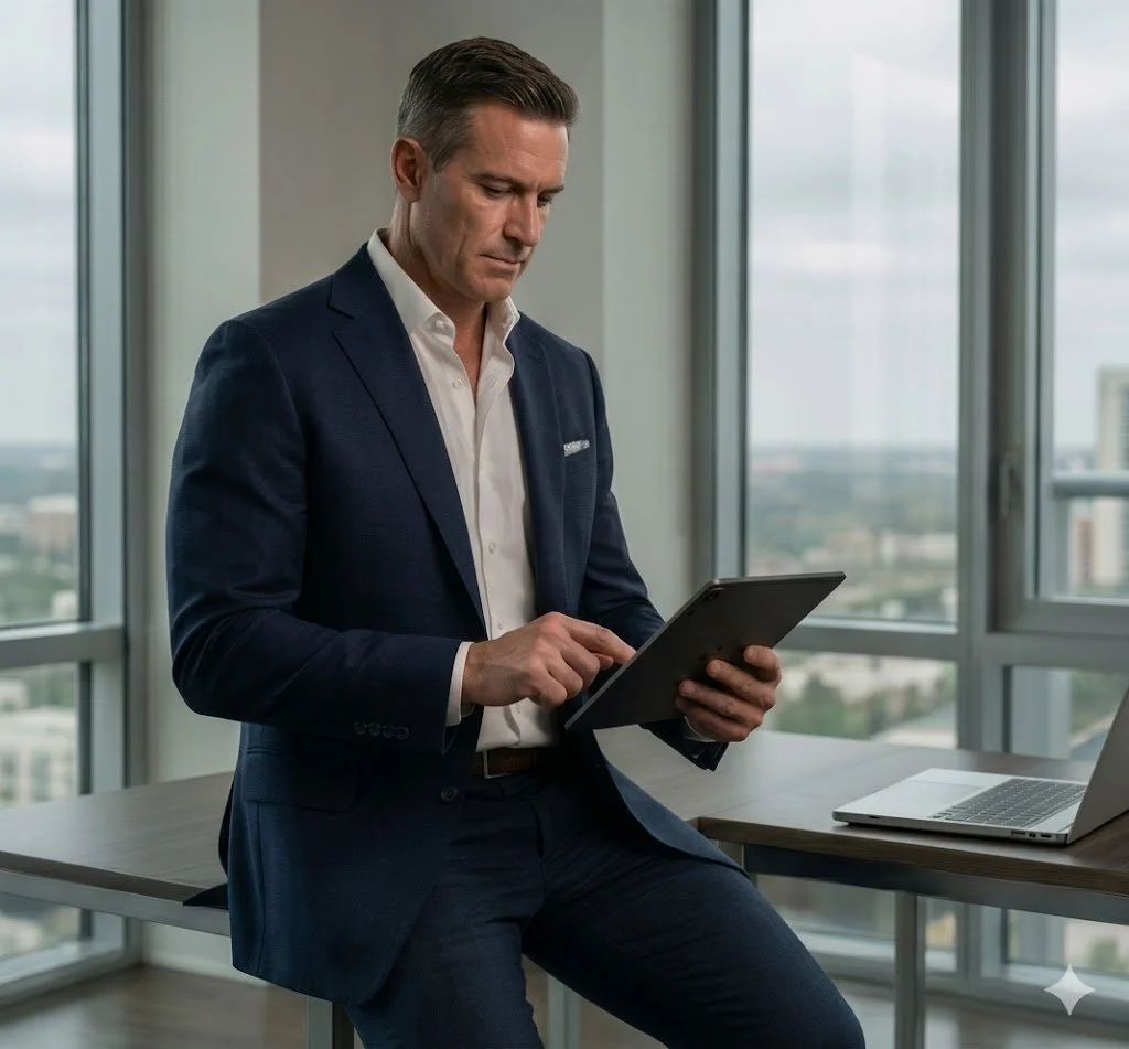 A man in a dark suit and white shirt standing in front of large windows with a Houston city view, looking at a tablet device. He just received an email from his health longevity coach