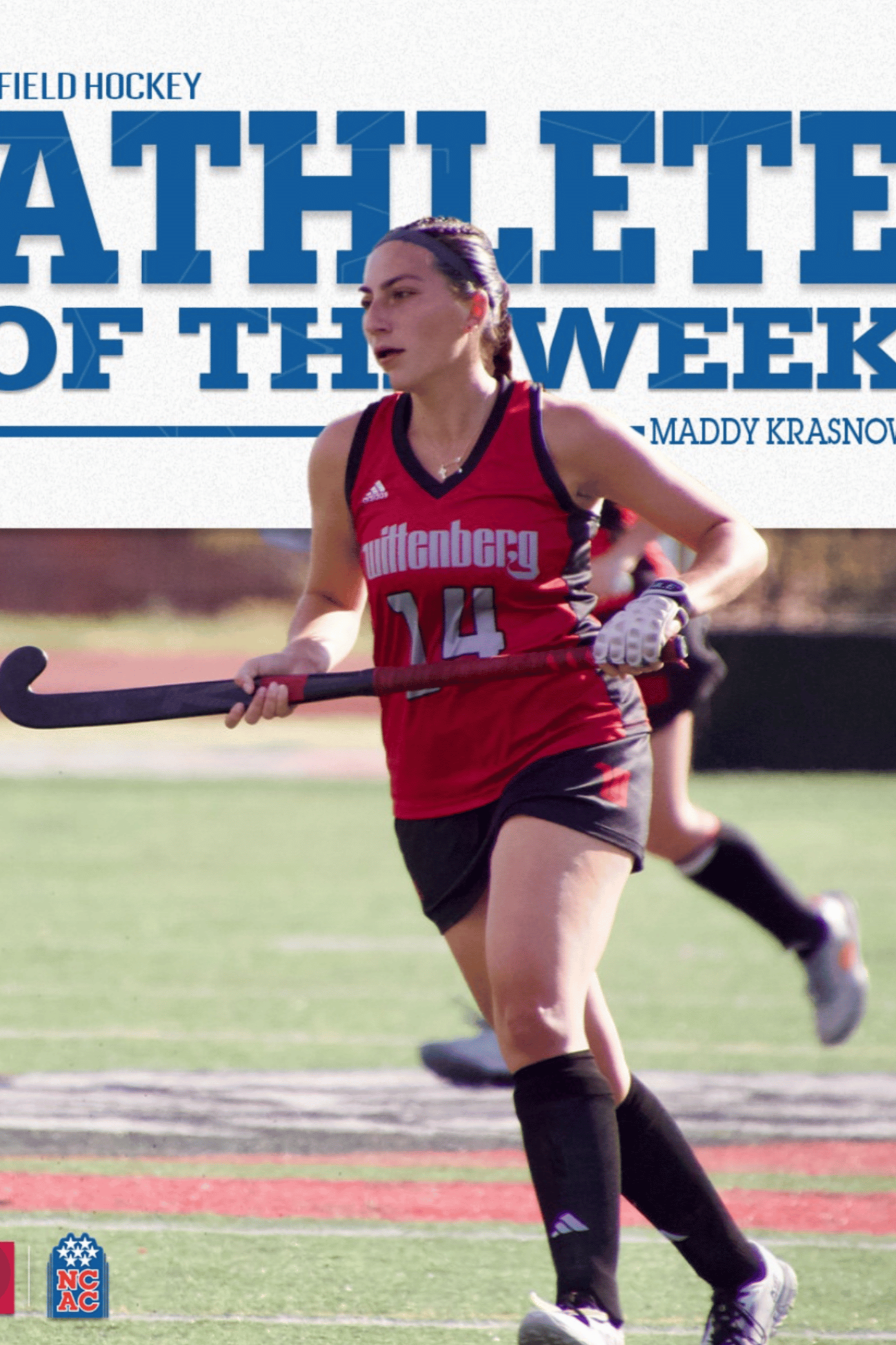 Female field hockey player wearing a red and black uniform with number 14, holding a hockey stick, running on the field. Athlete of the Week Maddy Krasnow Field Hockey Lacrosse Wittenburg University