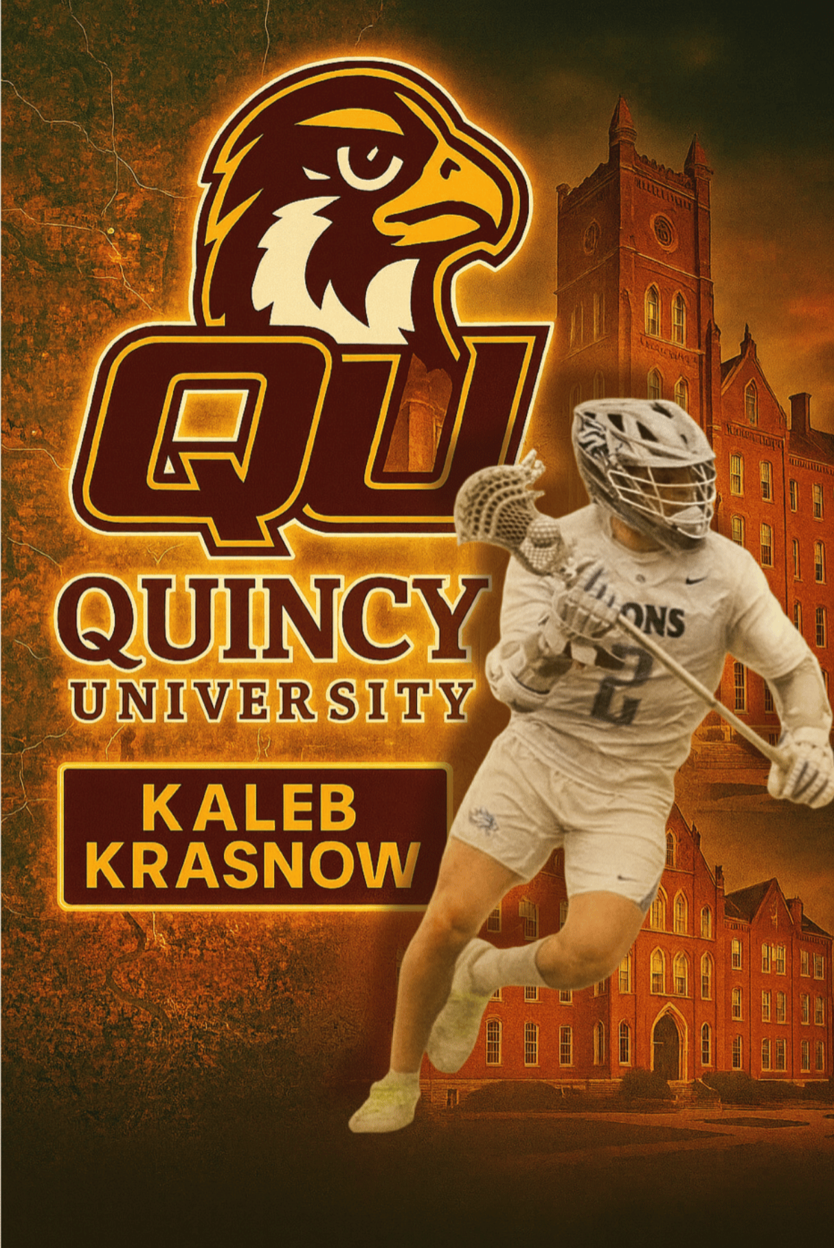 Digital art poster of Quincy University with a large lion mascot logo and the name of a student, Kaleb Krasnow, in yellow text on dark background. Includes a lacrosse player in white uniform with a helmet and stick, and a historical building in the background.