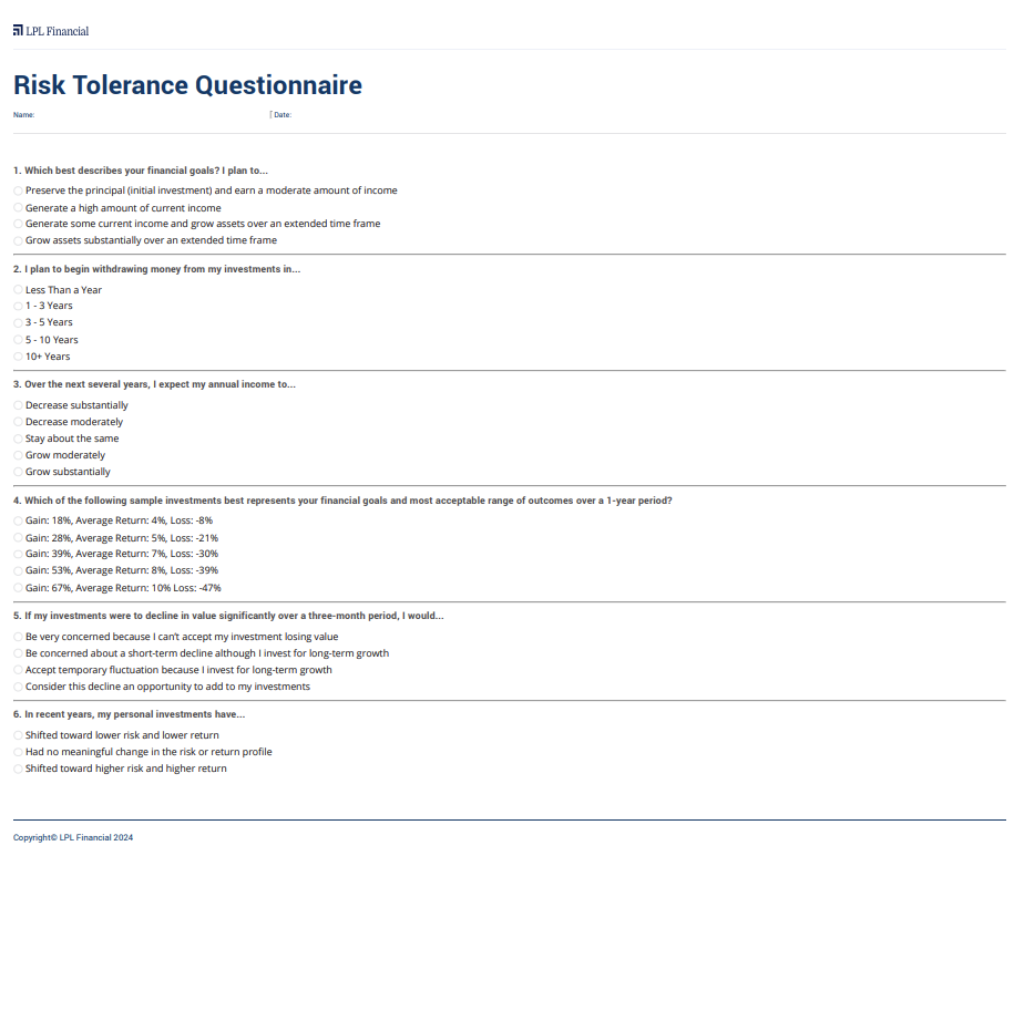 A digital screenshot of a Risk Tolerance Questionnaire from LPL Financial, dated 2024. It consists of multiple-choice questions about financial goals, investment strategies, and risk tolerance.
