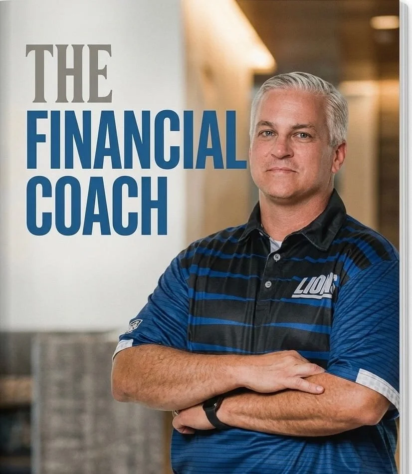 Jason Black Cover of a book titled 'The Financial Coach' featuring a confident man with gray hair in a blue and black Lions sports shirt, standing with arms crossed in an indoor setting.