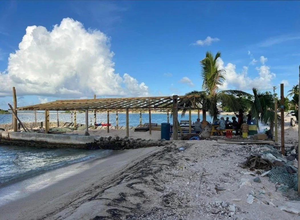A beach scene with a wooden shelter under construction, palm trees, and a group of people sitting at a picnic table near the water under a partly cloudy sky.
