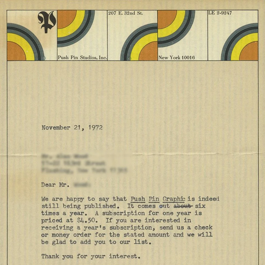 PUSH PIN STUDIOS Letterhead and Envelope. New York: Push Pin Studios, Inc., 1972. Studio Identity ephemera by Seymour Chwast.