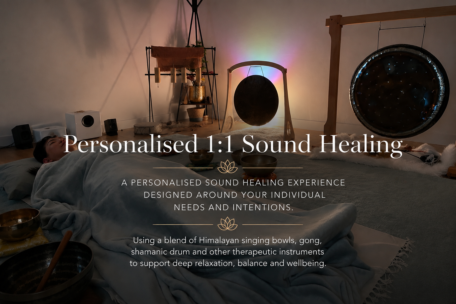 Personalised 1:1 sound healing session in Sutton featuring Himalayan singing bowls, gong and therapeutic instruments in a peaceful private studio.